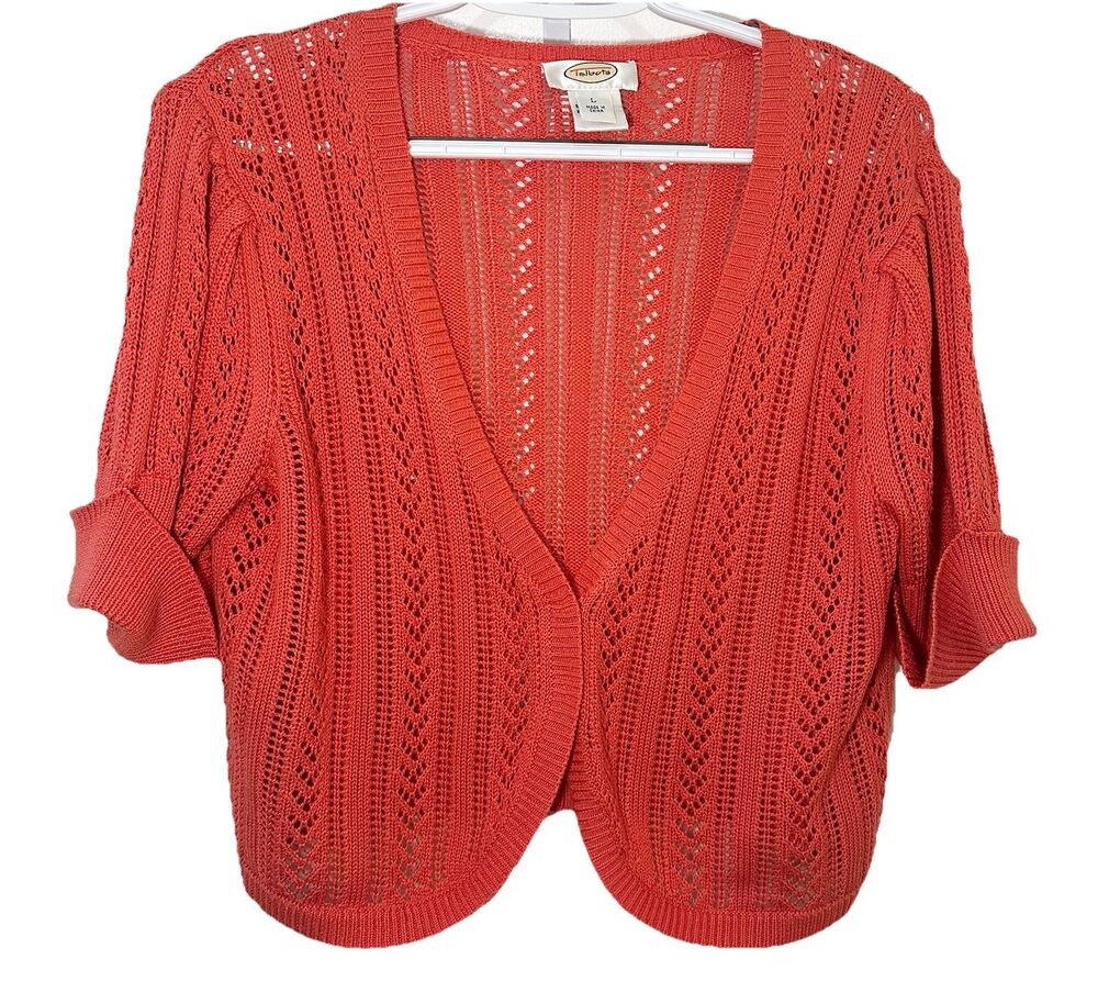 Talbots Silk Cotton Cropped Cardigan Lace Knit Coral Short Sleeve L